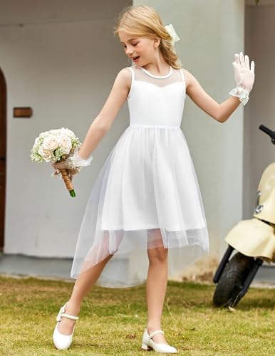 Image of Arshiner Girls Dresses Formal Party Wedding Tulle Sleeveless Contrast Mesh High Low Dress with Belt