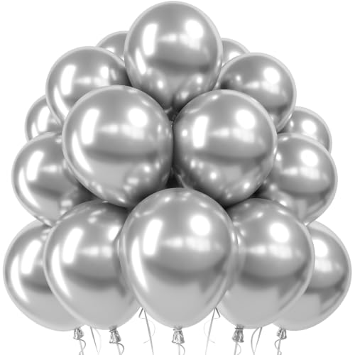 Image of Jobkoo Silver Balloons 12 Inch, 50 Pcs Metallic Chrome Silver Latex Balloon