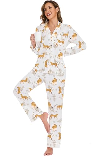 Image of LUBOT 100% Cotton Pajamas for Women Pajama Set 2 Piece PJ Sleepwear Set Soft Ladies Button Knit Long Sleeve Loungewear XS-XXL