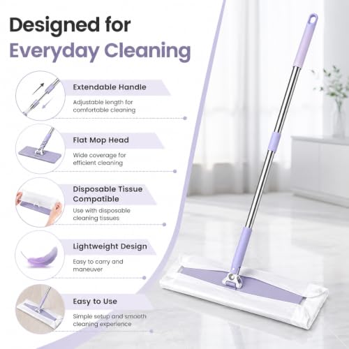 Image of Tissue Mop for Floor Cleaning | Disposable Dry & Wet Flat Mop with Extendable Handle | Suitable for Tile, Marble, Hardwood & Laminate Floors