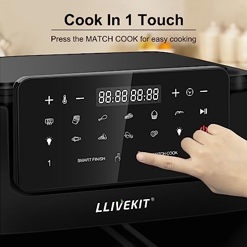 LLIVEKIT Heteluchtfriteuse met 2 laden, heteluchtfriteuse zonder olie, 9 liter, XXL, airfryer met led-touchscreen, kijkvenster, 9 programma's, Match Cook & Smart Finish-functie, 2400 W, zwart - Afbeelding 4