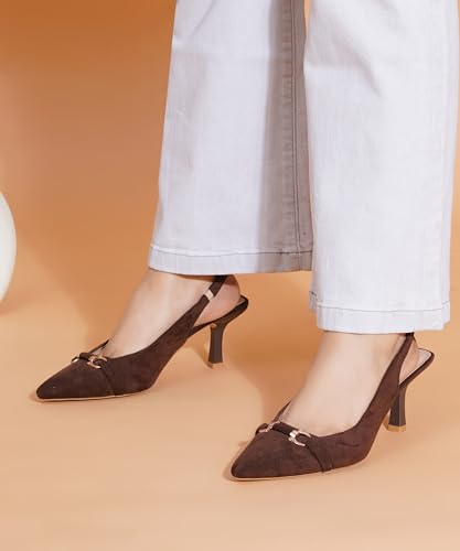 Image of JM LOOKS Women's Sophisticated Pointed Toe Slingback Kitten Heels with Metallic Buckle Accent for Professional and Evening Elegance