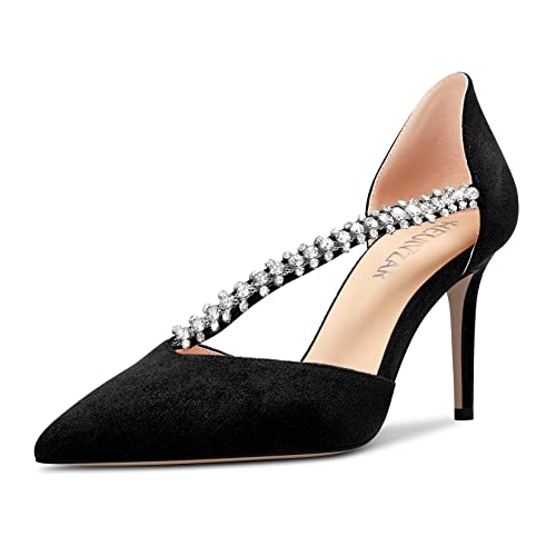 HEUIVZAR Women Mid Heel Pointed Toe Pumps Slip-on Rhinestone Crystal Wedding Prom Cute 3.2 Inches Heels