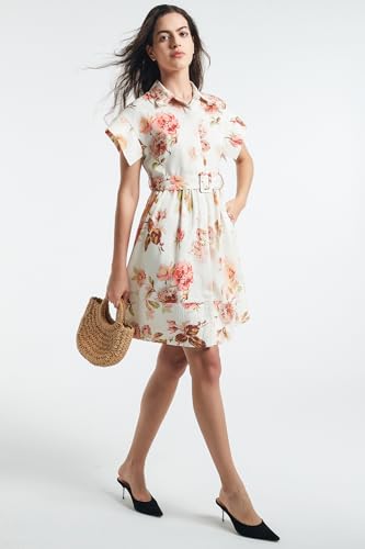 Image of D-Sun Women Button Down Shirt Dress V-Neck Floral Printed Short Sleeve Mini Dress Casual Belted Short Party with Pocket