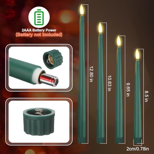 Image of Rossesay 24 Pcs Flameless LED Taper Candles Battery Operated Candle 8.5 inch, 9.65 inch, 10.8 inch, 12.8 inch Flameless Candlesticks Flickering for Christmas Church Wedding Indoor Decoration(Classic, Green)