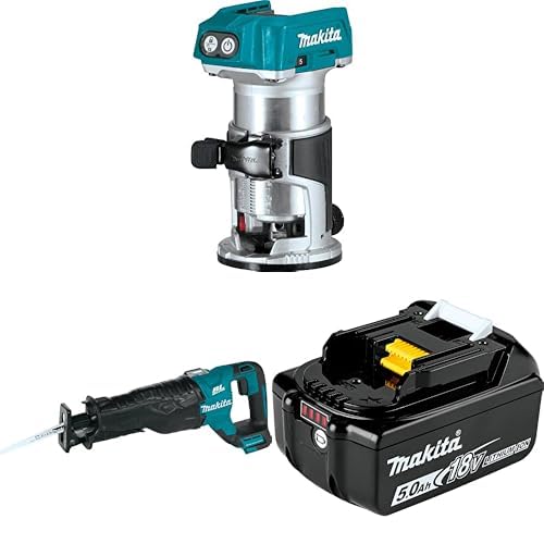 Makita 18V LXT Bundle: Brushless Cordless Compact Router XTR01Z, Recipro Saw XRJ05Z &amp; 5.0Ah Lithium-Ion Battery BL1850B