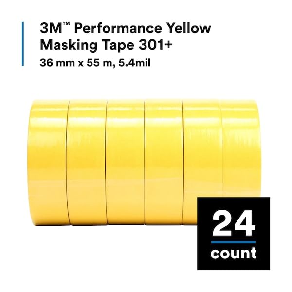 Image of 3M 301+ High Performance Masking Tape, Yellow, 48 mm x 55 m - High Performance Holding and Masking Tape for Automotive, Specialty Vehicle and Industrial Markets, 1 Pack