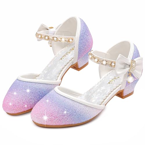 Image of Motasha Sparkly Girls Dress Shoes Kids High Heels Toddler to Big Kid | Glitter Closed Toe, Rhinestone Bow Straps, Hook-and-Loop Closure, Low Heel, Anti-Slip Outsole for Wedding Birthday Parties