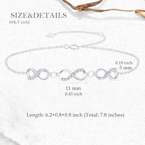 SISGEM 10k White Gold Three Infinity Bracelet for Women, 10 kt Gold Created Moissanite Love Wrist Jewelry Gifts for Wife, Present for Her, 6.2-7.8 Inches4