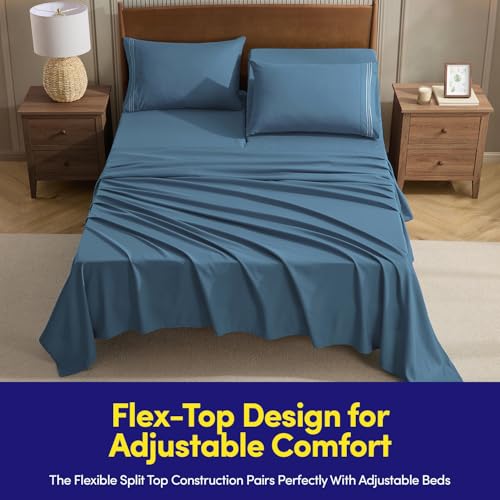 Image of Split Head King Sheets Set for Adjustable Beds 4 Piece Flex Top Bed Sheets - Deep Pocket Split Top Fitted Sheet with Built-in Corner Straps, Luxury Soft Cooling Bedding, Wrinkle Resistant, Denim