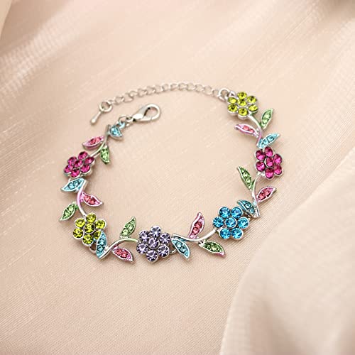 Enrwin Flower Leaf Crystal Pendant Necklace Dangle Earrings Link Bracelet Bride Bridesmaid Jewelry Sets For Women Wedding Party (Multicolor-Platinum Plated) #TOP5