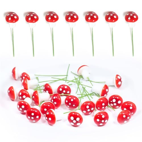 JKITNHJOT 30 Stück Mini Pilze Deko, 25 mm Deko Fliegenpilze am Drath...