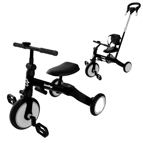 JumPop® Triciclo Evolutivo 5 en 1 + Timbre con Pegatinas + 2 Ganchos de Velcro | Bicicleta Niños Ajustable con Complementos Divertidos (Negro/Blanco)