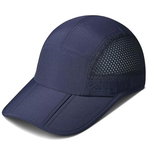 Folding Running Man Hat,Visors Sport Cap Summer Mesh Women Baseball Cap Hiking Breathable Waterproof Trucker Hat Quick-Drying Hat with 3.54in Brim 19-24in Adjustable Unisex Hat 63g Navy TG33