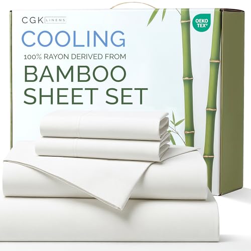 100% Rayon Derived From Bamboo - Bamboo Sheets Queen Size - Cooling Sheets for Queen - Ultra Soft, Breathable & Hotel Luxury Bedding - 1 Flat & 1 Fitted & 2 Pillowcases w/ 16 Inch Deep Pockets - White