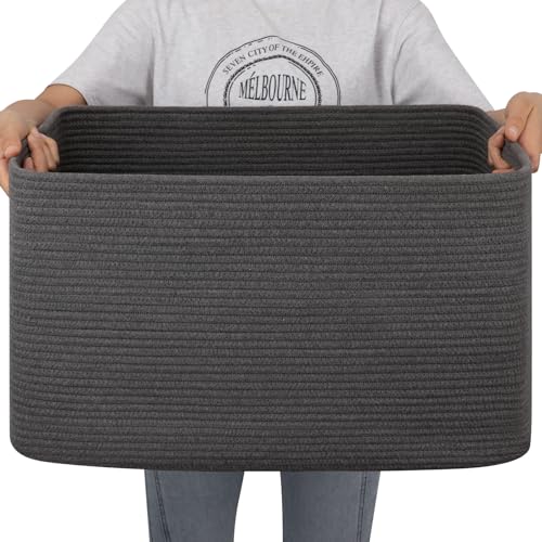 Image of OIAHOMY Large Blanket Basket,Storage Basket with Handle, Blanket Basket for Living Room, Rectangle Woven Cotton Rope Basket for Bedroom, Toy Baskets Organizer Bins, 22 inch x 17 inch x 12 inch in, Dark Grey