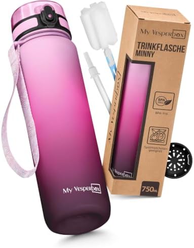 My Vesperbox Minny Trinkflasche Kinder 750 ml, auslaufsicher, für Schule | Rosa Farbverlauf, für Kohlensäure geeignet, Pop-up-Strohhalm, Fruchtsieb, Tritan, 1-Klick-Deckel, für Sch