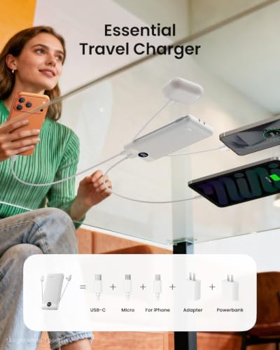 Image of Portable Charger with Wall Plug, Slim USB C Power Bank with Built-in Cables, 10000mah LED Display External Battery Pack Compatible with iPhone /Android & More(White)