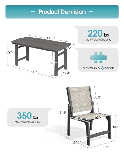 Image of Ciokea HDPE Outdoor Dining Set, Patio Table and 6 Stackable Chairs, Grey | All-Weather Furniture Set with 2 inch Umbrella Hole and Armless Chair. Breathable Teslin Fabric Suitable for Outdoor Leisure.