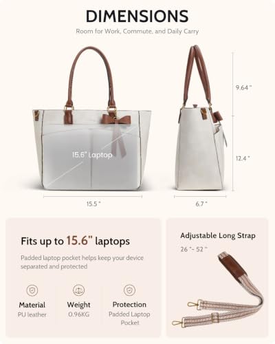 Image of Laptop Tote Bag for Women, Leather Work Tote with Padded Laptop Compartment, Cup Holder, Office Computer Briefcase
