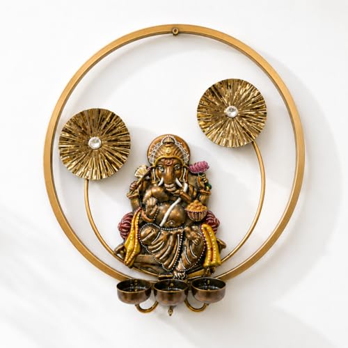 Image of STREET CRAFT - Metal Ganesha Wall Hanging with Diya Stand Golden Ring Frame Spiritual Decorative Item for Home Temple Living Room Festive Use (Size 15x15 Inch)