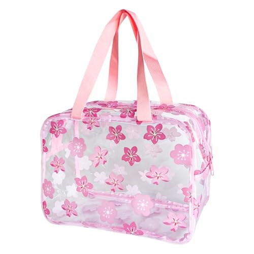 Clear Printed Floral Cosmetic Bag and Travel Pouch with Handle-Durable PVC Material,Versatile,Zipper Design for Smooth Sliding-Ideal for Makeup,Travel Essentials (Pink Floral#1-L)