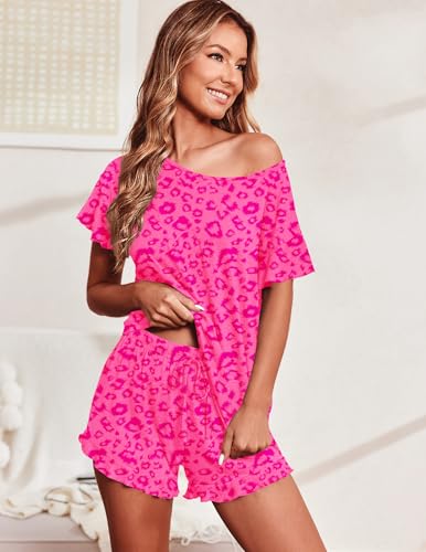 Image of Ekouaer Women's Pajama Set Ruffle Sleeves Top and Short Soft 2 Piece Loungewear Set