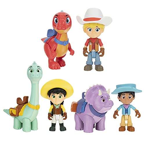 Image of Dino Ranch 6-Figure Pack - Jon and Blitz, Min and Clover, Miguel and Tango - Three 3” Dino Ranchers and Three 4” Dinos, Plus Fence Pieces - Toys for Kids Featuring Your Favorite Pre-Westoric Ranchers