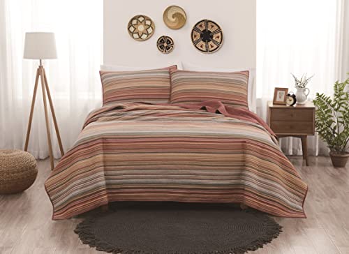 Brooklyn Loom Sunset Stripe Yarn Dye Orange Cotton 3-Piece Full/Queen Quilt Set, Stripe Themed, for Men and Women, Oeko-TEX Certified Confidence