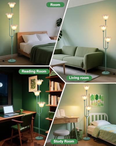Image of Lightdot Flower Floor Lamp 3-Lights Rustic Floor Lamps with 3000K Warm White Bulbs for Wedding Party Modern Tall Standing Lamp with 5Lbs Heavy Base for Living Room /Bedroom-Grey Green