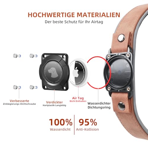 Halsband Hund Leder mit Air Tag Halter, Airtag Hundehalsband IPX8 Wasserdicht, Handgefertigt, Weich und Bequem, Reflektierend, Verstellbare Polsterung, Geeignet für Mittlere Große Hunde (Braun, XL)