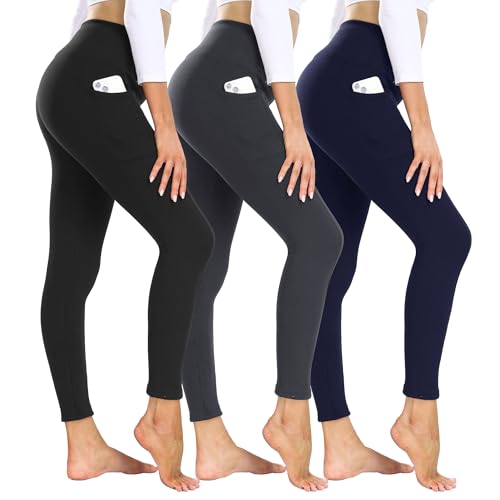 Showitty 3 Pack Fleece Lined Leggings Women with Pockets - High Waisted Plus Size Winter Thermal Yoga Pants (S-5XL)