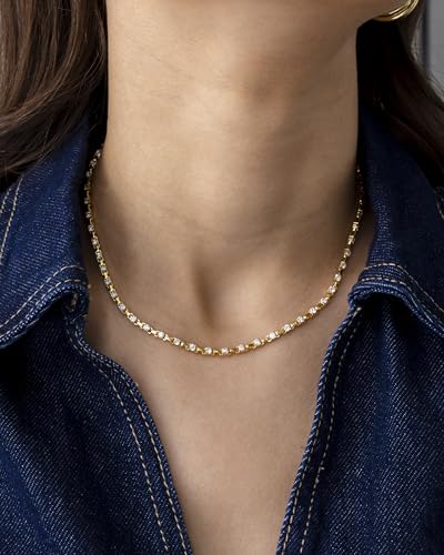 PAVOI 14K Gold Plated Simulated Diamond Tennis Necklaces for Women - Classic Tennis Chain - Timeless Station Round and Pear Cubic Zirconia Stones Choker Necklace2