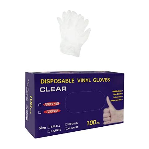 Disposable Vinyl Gloves Pack of 100 - Powder Free, Clear, Latex Free and Allergy Free PVC Work Gloves Large Cover