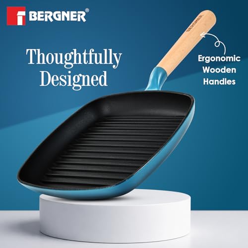 Image of BERGNER Excalibur Lightweight Cast Iron Square Grill Pan 24cm, Sturdy Wooden Handle, Non-Stick Coating, PFAS Free, Perfect Heat Distribution, Elegant Design - Induction Compatible (Blue)