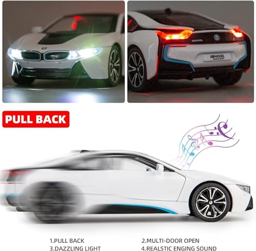 Image of 1:22 Scale Big BMW I8 Toy Car | Metal Pullback Diecast Car for Kids with Openable Doors, Sound, Light Effects Toy for Car Enthusiasts (Color As Per Available),white
