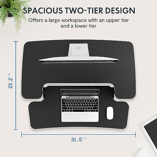 Image of FLEXISPOT Height Adjustable 32in Standing Desk Converter Sit to Stand up Desk Riser Computer Workstation with Wide Keyboard Tray 2-Tier Desktop Black