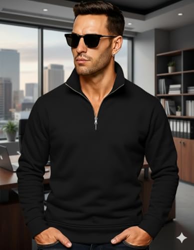 Image of Quarter Zip Pullover Sweatshirt, Classic Long Sleeve Mock Neck, Available in Burgundy, Black, Light Blue