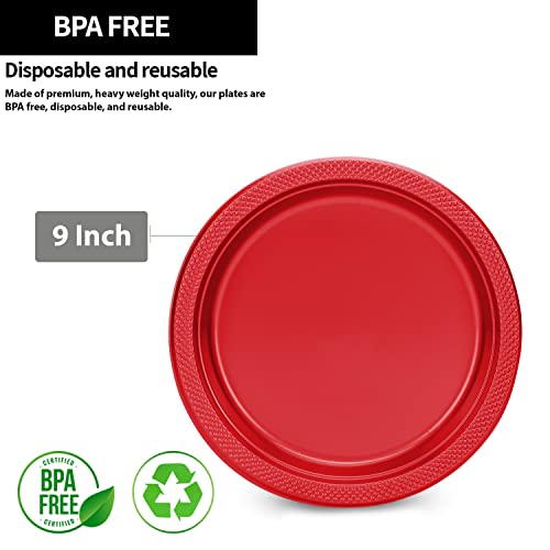 Hanna K. Signature Collection Red Plastic Plates, 9‑Inch Round, 50 Count – Disposable Heavy‑Duty Dinner Party Plates for Weddings, BBQs & Birthdays