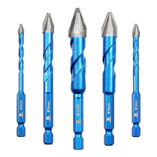 Head Eccentric Drill Bit 3/16",1/4",5/16",3/8",1/2"- 5pcs Carbide Tipped Drill bit Masonry Drill Bit Sets for Porcelain Ceramic Tiles Glass Hard Plastic Cement/Granite etc