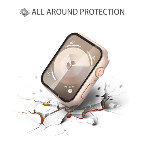 Image of Misxi 2 Pack Tempered Glass Case Compatible for Apple Watch Series 9 Series 8 Series 7 41mm, Hard PC Screen Protector Overall Protection Scratch-Resistant Cover for iWatch, 1 Rose Gold + 1 Transparent