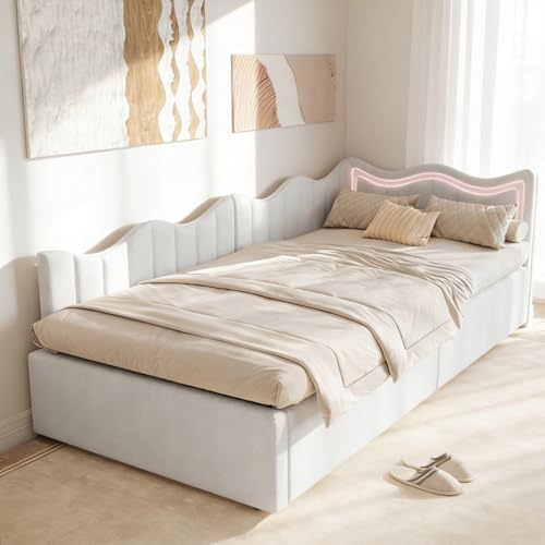 Kinderbett Polsterbett 90x200cm,Bett mit Stauraum Kinderbett Mädchen Einzelbett mit Led Bettgestell mit Lattenrost Jugendbetten mit Kopfteil Stauraumbett,teddysamt,ohne Matratze (Weiß-B, 90x200cm)