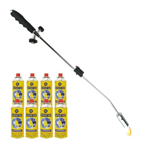Weed Burner + 8 Butane Gas Canisters - Killer Wand Blowtorch Garden Outdoor Weeds Grass Moss Fungus Auto Ignition Adjustable Flame Flame Thrower | 8 Gas Bottles - Weedkiller