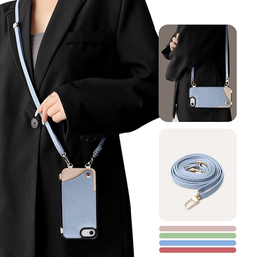 Kahper For iPhone SE ケース 第2世代 第3世代 ショルダー おしゃれ バイカラー スマホケース se 可愛い 女性 レトロ いPhone se3/se2 ケース カード 背面収納 耐衝撃 上品 iPhone 8 カバー 首掛け 斜め掛け 高級PU肌感レザー シンプル 携帯ケース iPhone 7 ストラップ 人気 エレガント レディース 手作(ブルー)