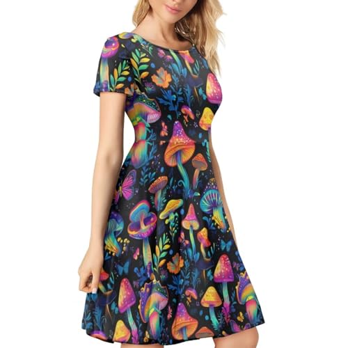 Image of HUGS IDEA Womens Puffy Swing Midi Dress Round Neck Short Sleeve Party A-Line Dresses