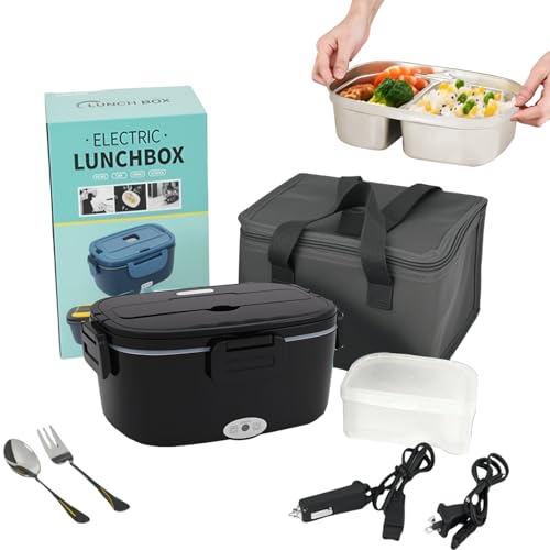 VINATO Fiambrera Electrica 1.5 L, Calentador De Comida Portatil 60W,Taper Electrico,Fiambrera Termica Para Coche,Camión,Oficina,Con Tenedor/Cuchara Y Bolsa Térmica