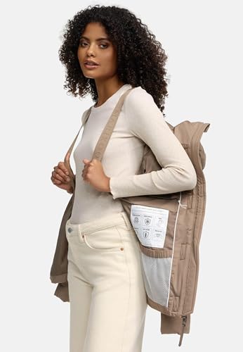 MARIKOO Damen Winterjacke (XS-3XL) - 5 Taschen, große Kapuze, Schlaufen auf der Innenseite, leichte Steppjacke, Warme Jacke Frauen - N019 (L, Taupe-Grey)