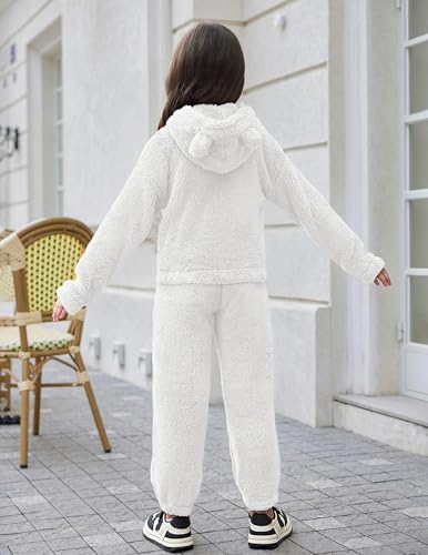 Image of Arshiner Girls 2 Piece Outfits Sweatsuit Fuzzy Long Sleeve Bear Ear Hoodie Sweatshirt and Sweatpant Kids Clothing Sets