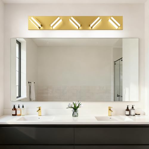 Image of IZORRO LED Modern Bathroom Lights Fixtures(5-Light,Dimmable,360Rotate),Brushed Glod Acrylic Wall Lighting,Vanity Lights for Bathroom Over Mirror - 6000k 30In (No Assembly Required)