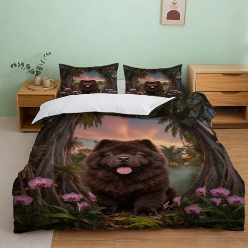 Funda Nórdica con Chow Chow Ultra Suave Microfibre Juego De Ropa De Cama Selva Tropical con Fundas De Almohada para Habitaciones De Niños Y Adolescentes Super King（260x220cm）